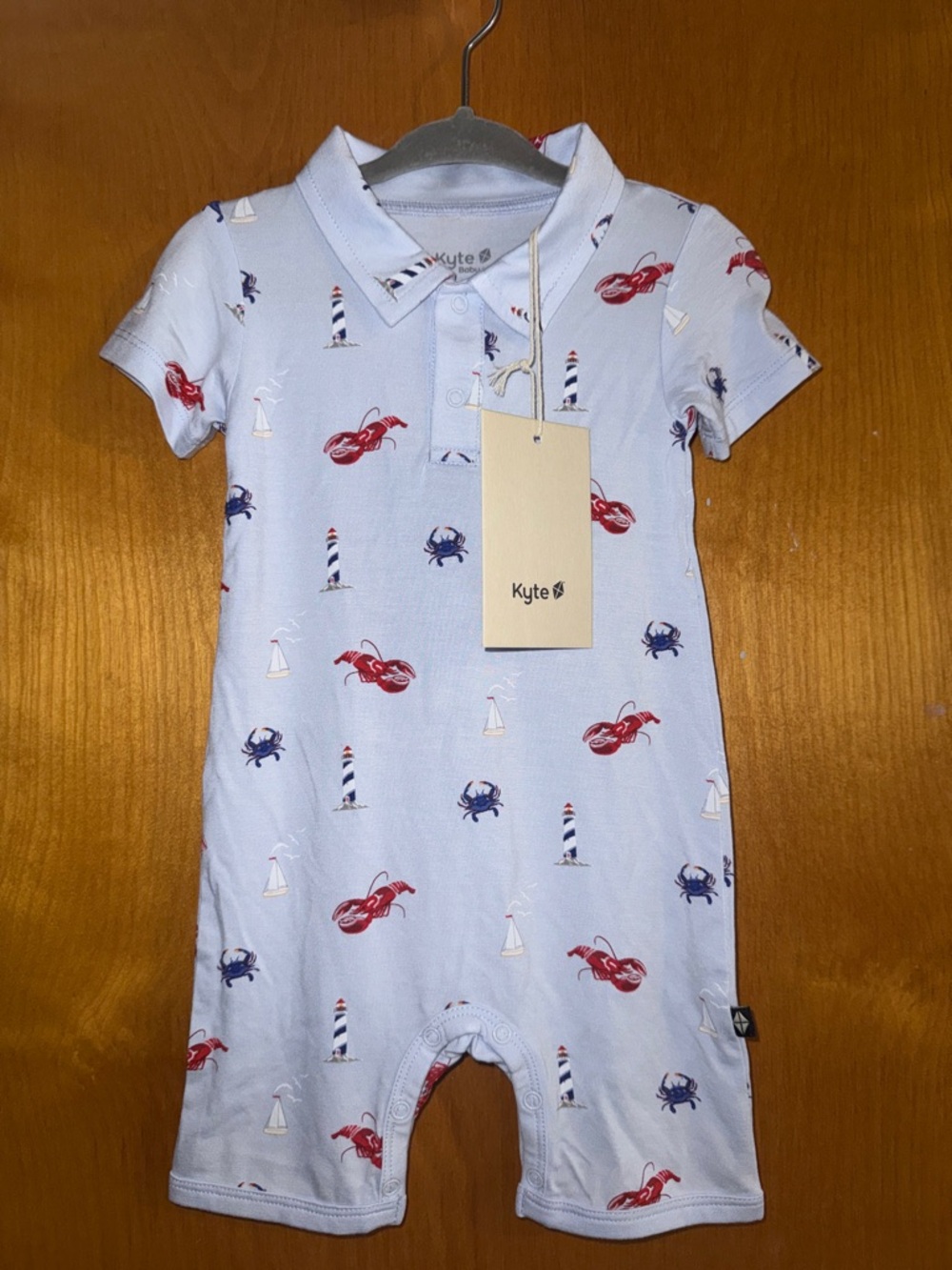 Kyte BABY Light Blue Nautical Polo One-Piece with Red Lobster & Navy Crab Print